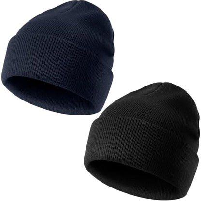 IYEBRAO 2-Pack Unisex Cuffed Beanie Hat for Men Women Skull Knit Cap - color: Black&navy Blue 2pcs
