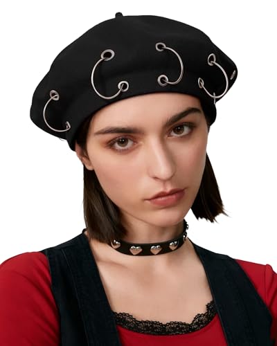 AWAYTR Punk Beret Hat for Women - 90% Wool Blend Goth Alt French Cap - color: Black