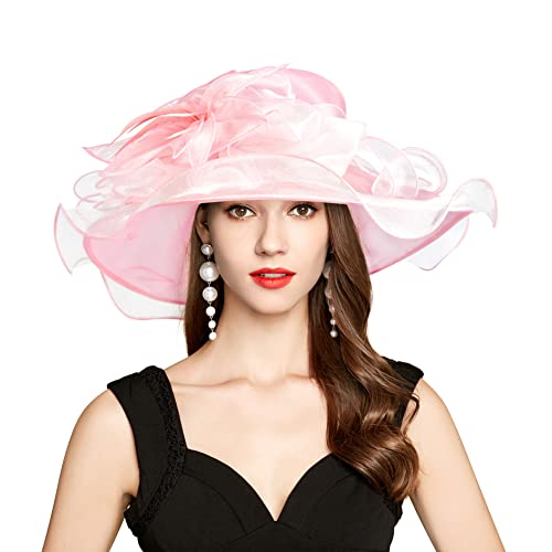 2026 Derby Hat, Classy Sun Hats for Women Ladies, Organza Feather Kentucky Fascinator for Tea Party Church UV Protection - color: D2867-pink+white