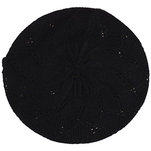 BYOS Chic Parisian Style Soft Lightweight Crochet Cutout Knit Beret Beanie Hat - color: 2-pack Swirl Fuchsia & Black