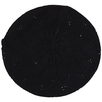 BYOS Chic Parisian Style Soft Lightweight Crochet Cutout Knit Beret Beanie Hat - color: 2-pack Swirl Fuchsia & Black
