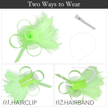 AMCAMI Fascinators Hats with Feather for Women 2026 Derby Hats Small Tea Party Hat with Headband - color: Light Green