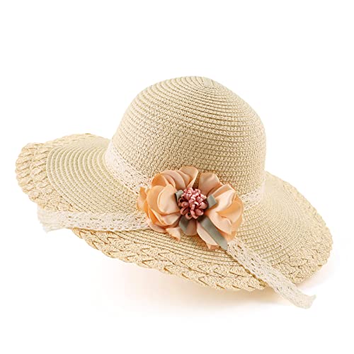 Baby Girl Straw Hat 3-6 Years Girls Summer Beach Hats with Bowknot Sun Protection Hats for Kids - color: Beige Flower