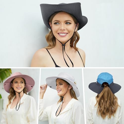 Womens Sun Hat with Ponytail Hole, UV Protection Foldable Beach Fishing Hat - color: Blue & Grey