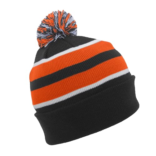 Pacific Headwear Unisex Adult Pacific Headwear Knit Fold Over Pom-pom Beanie - color: Black/Orange/White, size: One Size