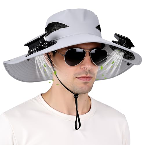 Hat with Fans Solar Power, UPF 50+ Wide Brim Sun Hat, Fishing Essentials for Hiking Beach Summer Safari - color: Light Grey