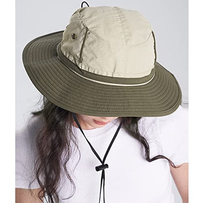 LumiSyne Unisex Two-Tone Bucket Hat Wide Brim Sun Hat UPF 50+ Adjustable Chin Strap Breathable Mesh Packable Boonie Hat - color: Green + Beige, size: Large-X-Large