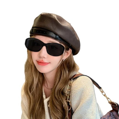 MINGSEECESS Women PU Leather French Black Beret Hat Causal Beanie Hat - color: Belt-light Brown
