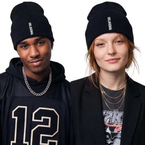 Daxton Vertical USA Cities Cuffed Beanie, Winter Knit Hat Skully Cap for Men Women, City Pride Daily Headwear - color: Oklahoma Black White