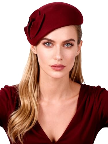 HIMESPORT Wool Felt Fascinator Hats for Women Ladies Female Wedding Cocktail Tea Party Dress Pillbox Hat - color: Wine Red 4