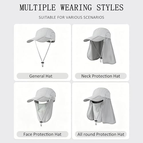 2Pack Men’s Foldable Sun Hat with Removable Face Mask & Neck Flap, UPF 50+ UV Protection, Quick-Drying Outdoor Fishing Cap - color: Light Grey+light Grey