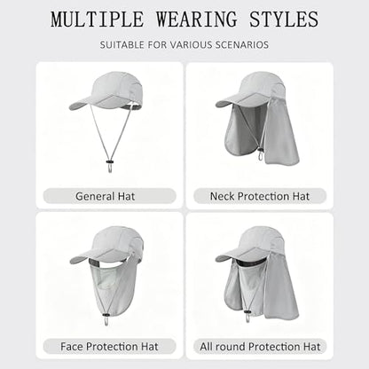 2Pack Men’s Foldable Sun Hat with Removable Face Mask & Neck Flap, UPF 50+ UV Protection, Quick-Drying Outdoor Fishing Cap - color: Light Grey+light Grey