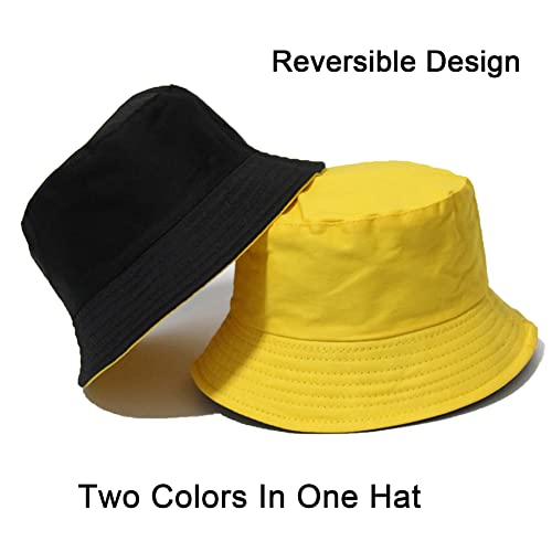 PFFY Reversible Bucket Hat for Women Men Cotton Sun Beach Fishing Cap - color: Black/Yellow (Reversible)