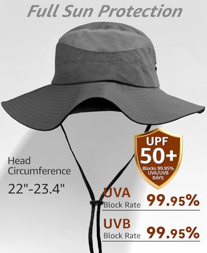 Wide Brim Sun Hat for Men Women, UPF 50+ Waterproof Packable Bucket Boonie Safari Fishing Hat - color: Dark Grey
