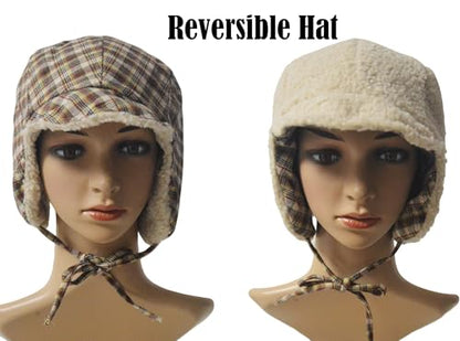 Reversible Winter Hat with Ear Flaps for Men Women Adult,Ladies Plaid Hat,Lamb Wool Lining Beanie Not for Kids - color: Plaid Beige