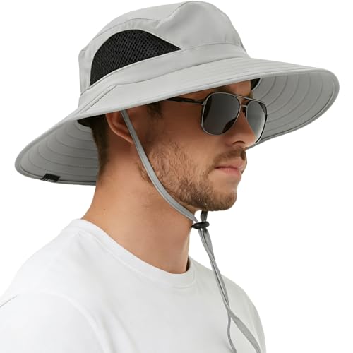 Wide Brim Sun Bucket Hat, Waterproof Boonie Hat for Men & Women - color: 01 Light Grey