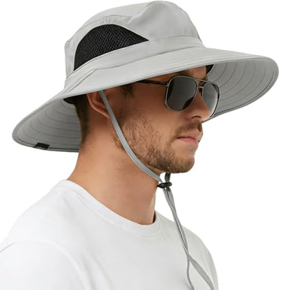 Wide Brim Sun Bucket Hat, Waterproof Boonie Hat for Men & Women - color: 01 Light Grey