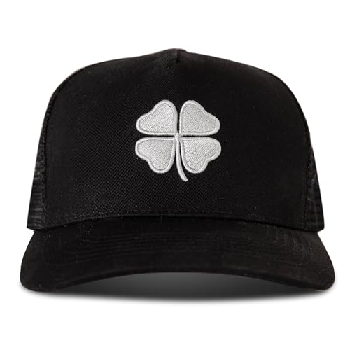 Lucky Brand Trucker Hat | Snapback | Adjustable | Mesh Back | Retro | Baseball Cap | Golf | Fishing | American Heritage - color: 3d Embroidered Clover - Black