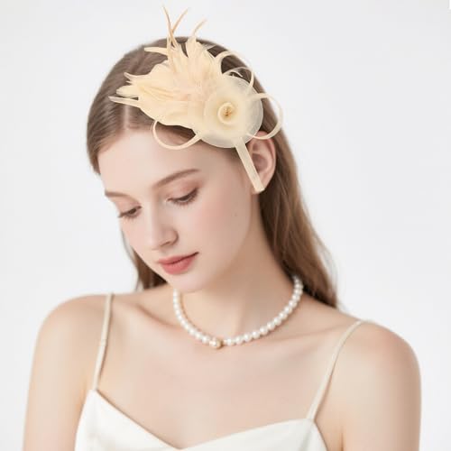 AMCAMI Fascinators Hats with Feather for Women 2026 Derby Hats Small Tea Party Hat with Headband - color: Champagne