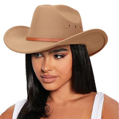 DRESHOW Western Cowboy Hat for Men Women Cowboy Cowgirl Hat Outdoor Wide Brim Retro Felt Fedora Hats Unisex Rolled up Caps - color: 1 Pack Style 5: Camel