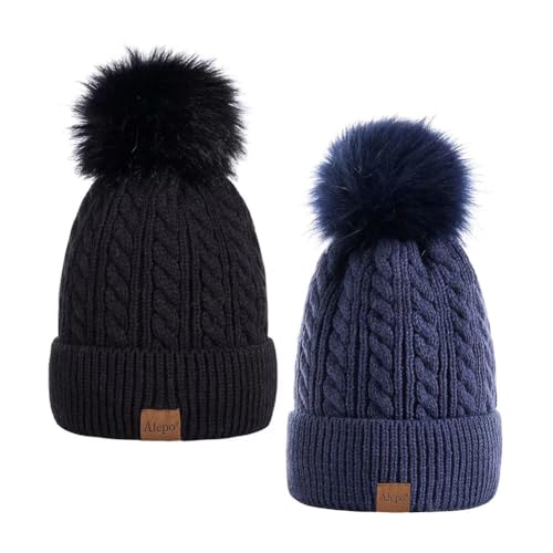 Alepo Womens Winter Beanie Hat, Warm Fleece Lined Knitted Soft Ski Cuff Cap with Pom Pom - color: Black+denim