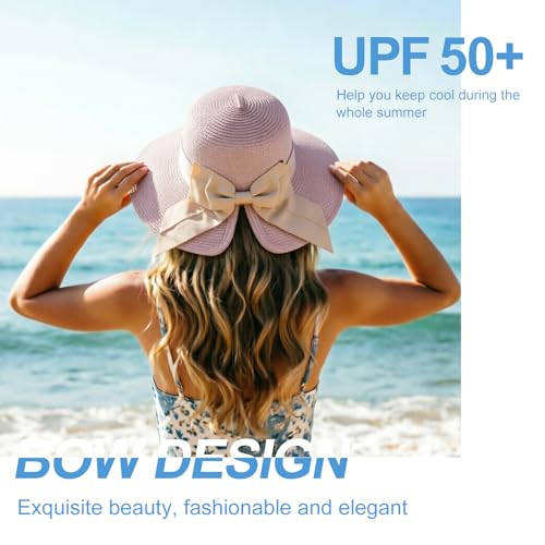 DRESHOW Sun Hats for Women Travel Fedora Foldable Beach Sun Hat Summer Wide Brim Straw Bucket Hat with Bowknot UPF 50+ - color: 1 Pack With Bowknot: Dusty Pink With Beige Band