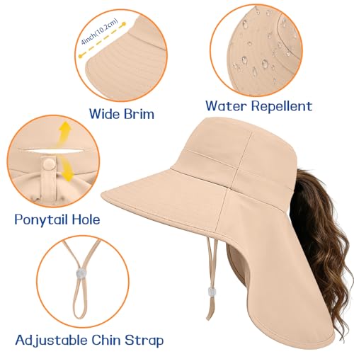 Ruqizhi Sun Hats for Women with Neck Flap Ponytail Hole Women Sun Hats Rollable UV Protection Fishing Hats Wide Brim UPF 50+ - color: Khaki