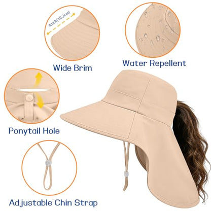 Ruqizhi Sun Hats for Women with Neck Flap Ponytail Hole Women Sun Hats Rollable UV Protection Fishing Hats Wide Brim UPF 50+ - color: Khaki
