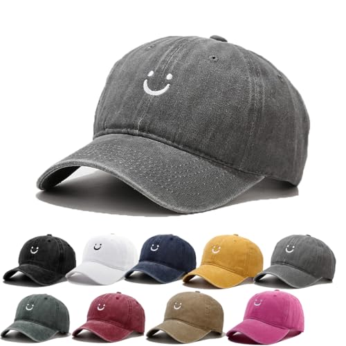 Cute Smile Face Baseball Cap for Women Men Adjustable Vintage Washed Cotton Low Profile Dad Hat - color: Grey
