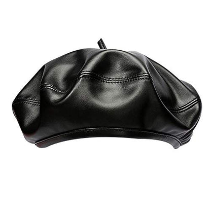 Women Soft PU Leather Beret French Style Artist Painter Hat with Top Stem - color: Black