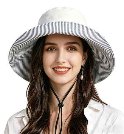 Womens Foldable Shapeable Brim Sun Hat UPF 50+ Cotton Wide Brim Beach Adjustable Chin Strap Hat Sun Protection Cap - color: Z-grey