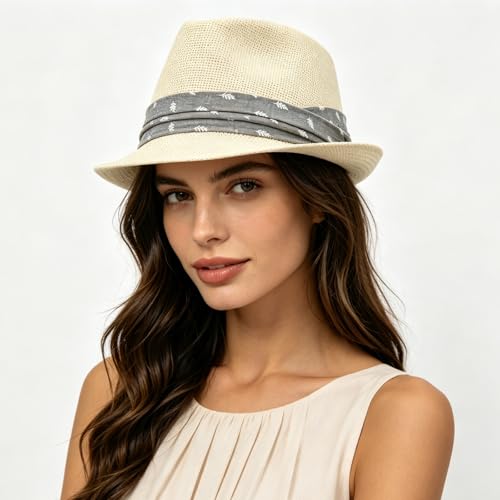 LIDHAY Straw Fedora Hat for Men Women |Short Brim Panama Sun Hat - color: Beige