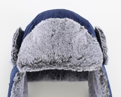 Home Prefer Men's Trapper Hat with Face Mask Faux Fur Trooper Trapper Hat for Men Winter Hunting Hat - color: Navy Blue