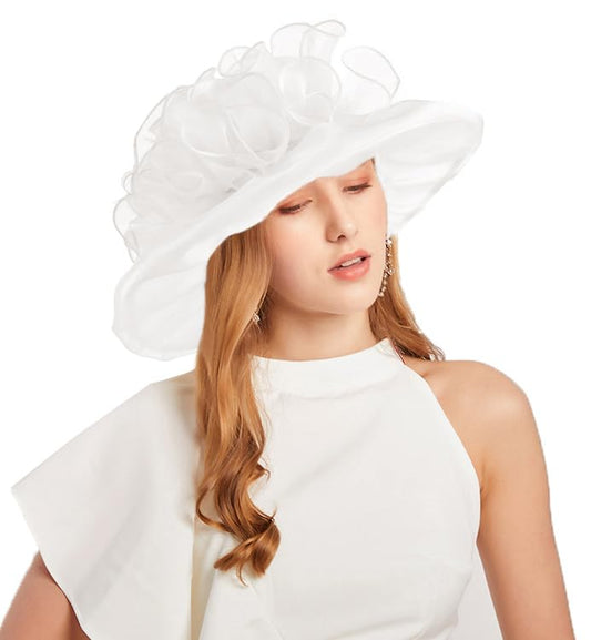 ORIDOOR Women's Organza Cloche Bowler Hat Derby Fascinator for Tea Party Bridal Wedding Hat - color: 013-white