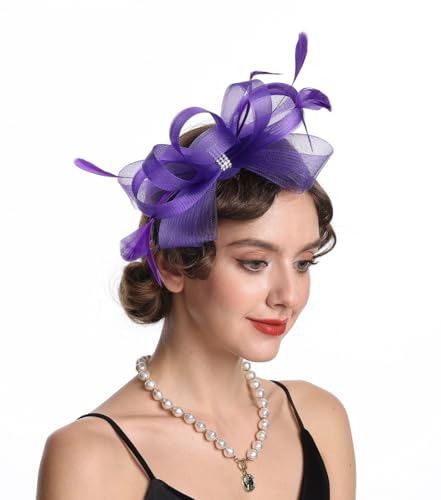 SAFERIN Elegant Women's Fascinator Hat with Veil and Feather Hair Clip Headpiece for Weddings Tea Party - color: St09-purple