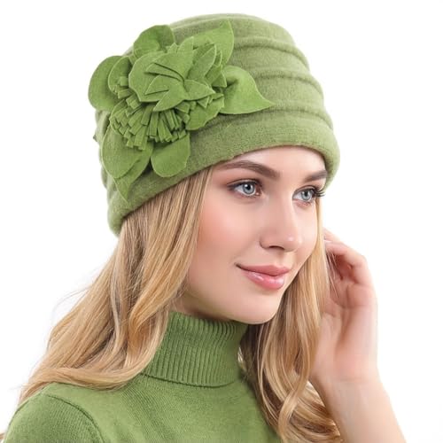 Women's Wool Dress Church Cloche Hat Bucket Winter Floral Hat - color: Floral-green