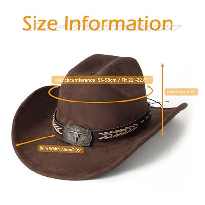 Western Cowboy Hat for Women Men Retro Suede Hat - color: Coffee-square Bull Buckle