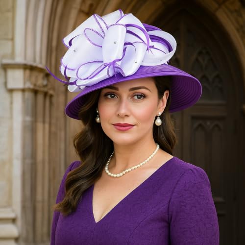 2026 Bucket Hats for Women Ladies Girls, Autumn Winter Fascinator Hat for Derby Kentucky Church Bridal UV Protection - color: 4585purple/White