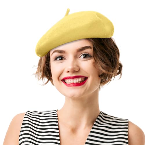 French Beret Hats for Women - Soft Warm Wool Solid Color Beanie Winter Cap - color: Basic Yellow