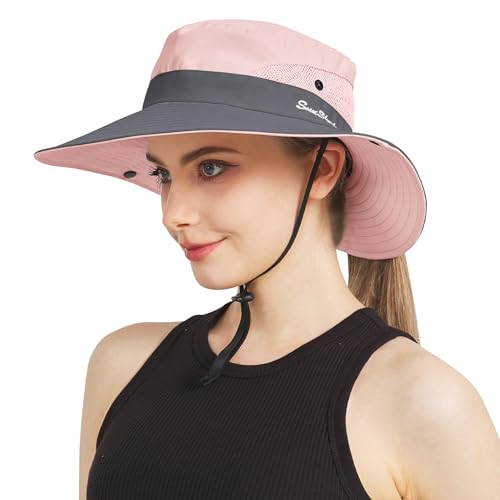 NPJY Ponytail Sun Hats for Women Men Wide Brim UPF Fishing Bucket Hat - color: Pink&grey(ponytail Hole)