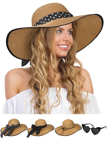 Sun Beach Straw Hats for Women, Summer Wide Brim Hat - color: Khaki Black, size: Large