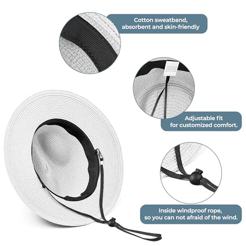 Sun Hat Straw Fedora Hats for Men Women Beach Hat Panama Hat Men Wide Brim Summer Hats UPF80+ - color: White, size: Medium