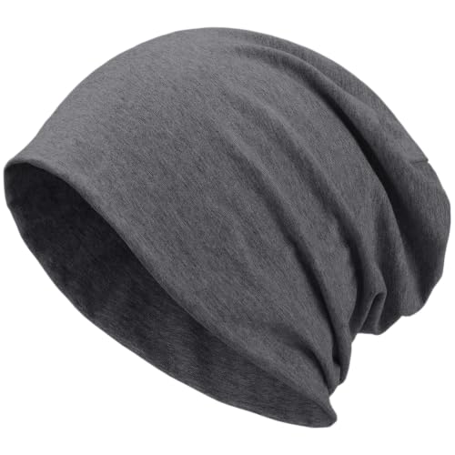 100% T-Shirt Cotton Slouchy Beanie Women Men,Lightweight Chemo Hat - color: Charcoal Grey(2-layer)