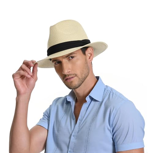 Sun Hat Straw Fedora Hats for Men Women Beach Hat Panama Hat Men Wide Brim Summer Hats UPF80+ - color: Beige, size: Large
