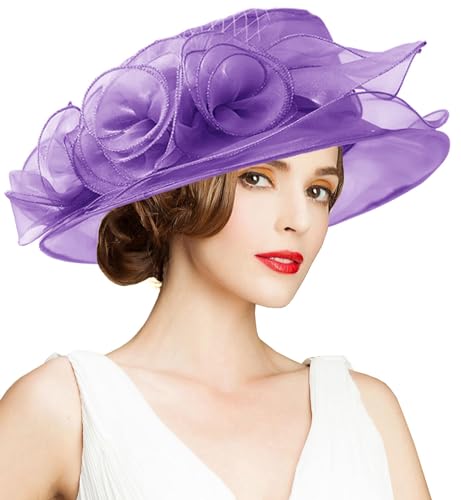 Women's Kentucky Derby Church Dress Hat Wide Brim Leaf Flower Bridal Shower Hat - color: A6 Purple