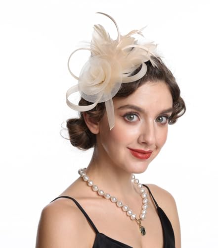 SAFERIN Women's Fascinators Feathers Tea Party Hat Veil Headband with Hair Clip for Cocktail Church - color: M-champagne