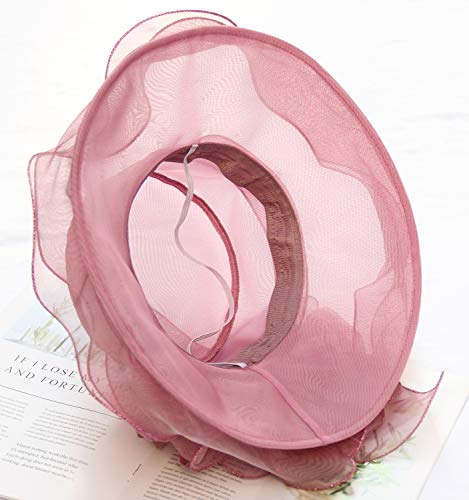Organza Fascinator Hat - Women’s Wide Brim Church Bridal Tea Party Wedding Hat - color: 02a-pink-purple