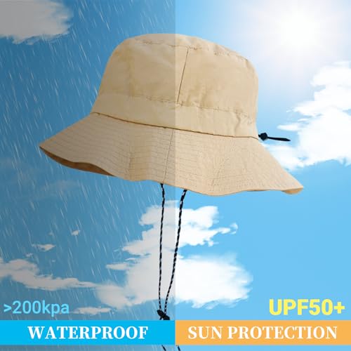 NPJY Packable Sun Bucket Hat for Women Outdoor Waterproof Rain Hat - color: Khaki (Packable)