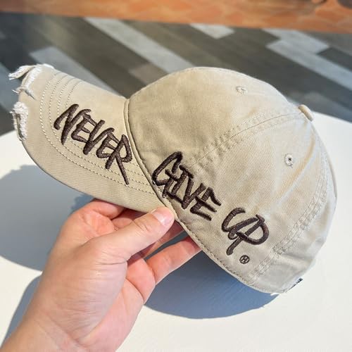 Never Give Up Embroidered Distressed Cap, Snapback Baseball Hat for Men & Women, Adjustable Dad Hat, Casual Outdoor Cap - color: Khaki+burgundy