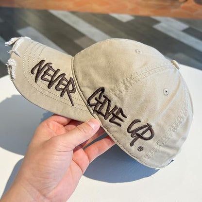 Never Give Up Embroidered Distressed Cap, Snapback Baseball Hat for Men & Women, Adjustable Dad Hat, Casual Outdoor Cap - color: Khaki+burgundy